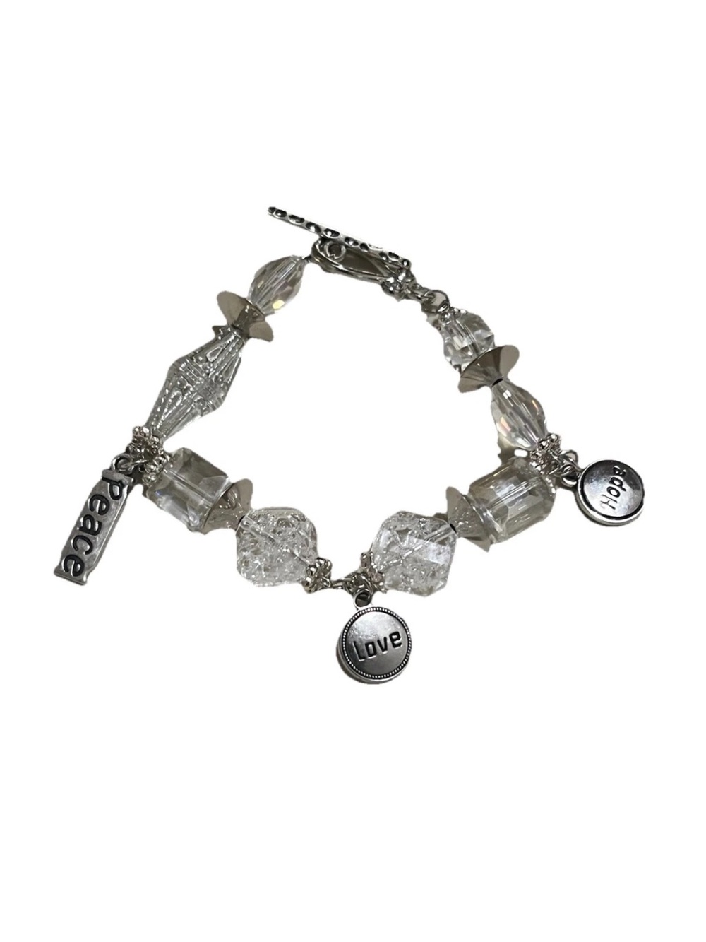 Handmade Clear Crystal Beaded Charm Bracelet Silver Tone Peace Love Hope 8 Inch